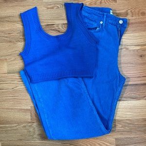 Blue corduroy pants with matching knit crop top